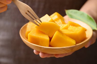 Elle tutulan tahta tabakta küp mango yemeye hazır, yaz mevsiminde tropik meyve.