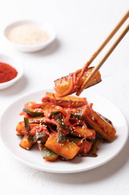 Kore kimchi salatalığı yemeye hazır, Kore mezesi, ev yapımı yemekler.