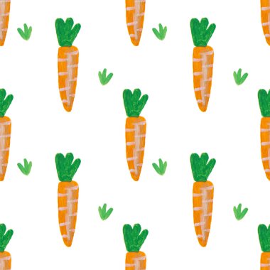 Seamless hand drawn Easter  pattern. Orange carrot, white background. Watercolor Illustration.