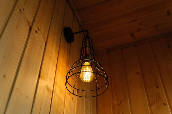 Stylish Scandinavian Composition Black Bra Vintage Edison Lamp Wooden Wall — Stock Photo, Image