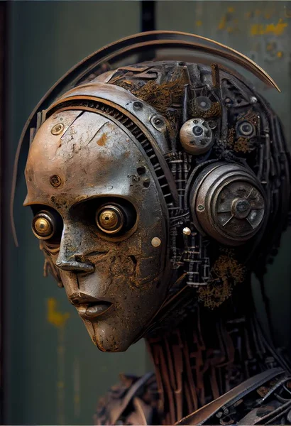 Generative AI illustration of a metal head on a wall, a surrealist sculpture, neo-figurative, a portrait of an android, covered in circuitry, brass semi - mechanical woman, weathered, cyborg eyes