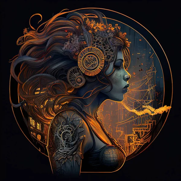 Generative AI illustration of cyberpunk Zodiac sign with a industrial smoke, mechanic detail on shoulders, pollution, centered inside intricate gold and fire circle of city and Skyscrapers, steam punk