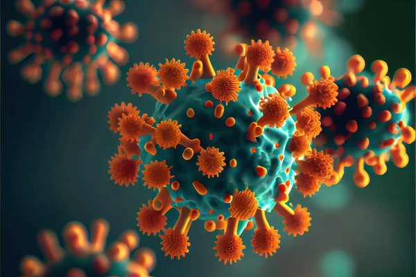 Generative AI illustration of illness respiratory virus flu outbreak 3D medical illustration. Microscopic view of floating influenza virus cells. Neural network generated art.