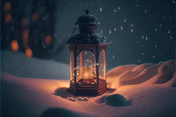 Generative AI illustration of lantern with candles on a beautiful blue background with gold dust, stars and snow. Beautiful Christmas or New Year background. Neural network generated art.