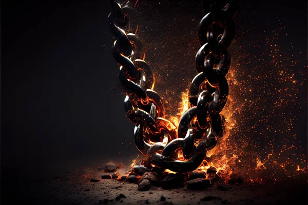 Generative AI illustration of breaking steel chain with fire dust in dark background. Neural network generated art.