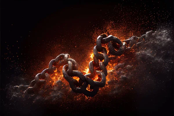 Generative AI illustration of breaking steel chain with fire dust in dark background. Neural network generated art.