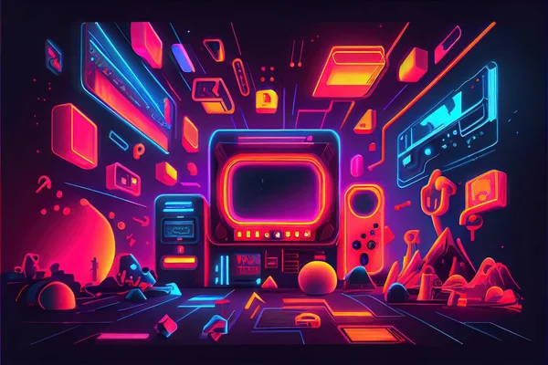 Generative AI illustration of gaming background, abstract cyberpunk style of gamer wallpaper, neon glow light of scifi fluorescent sticks. Digitally generated image