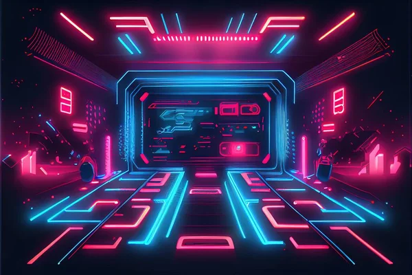 Futuristic illustration about computer technology with a laptop in neon  colors. For cover backgrounds, wallpapers and other modern projects.  Generated with AI Stock Photo