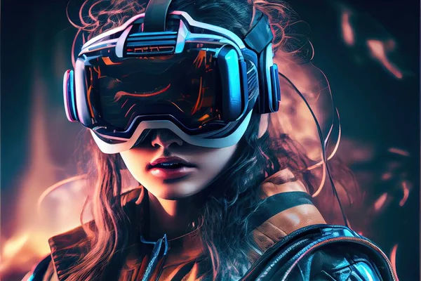 Generative AI illustration of an enthusiastic young women wearing virtual reality goggles is inside the metaverse. Metaverse concept and virtual world elements. Neural network generated Ai art