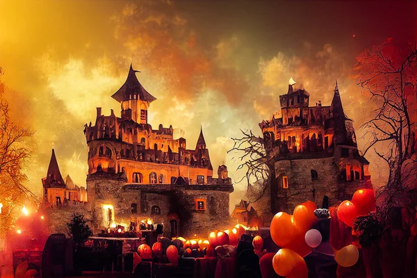 Generative AI illustration of Colorful halloween indoor party, children playing on night halloween street, creepy castle, american neighborhood background. Digitally generated image.