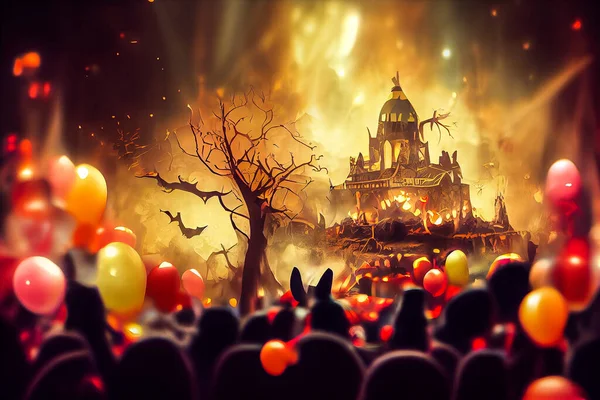 Generative AI illustration of Colorful halloween indoor party, children playing on night halloween street, creepy castle, american neighborhood background. Digitally generated image.