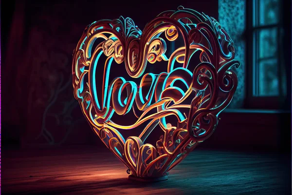 Generative AI illustration of love heart neon light, decor, bright light, romantic. Love and valentine day concept. Neural network generated art. Digitally generated image.