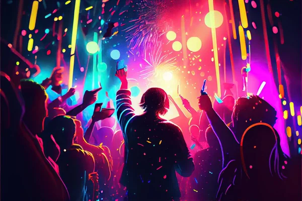 Generative AI illustration of New Year\'s Eve party background, pop color, group of people dancing and joyful, countdown, neural network generated art. Digitally painting, generated image.
