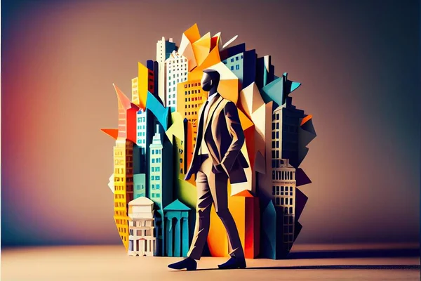Generative AI illustration of Business man in the city background, colorful. Business handshaking, successful concept. Paper cut craft, 3d paper illustration style. Neural network generated art.