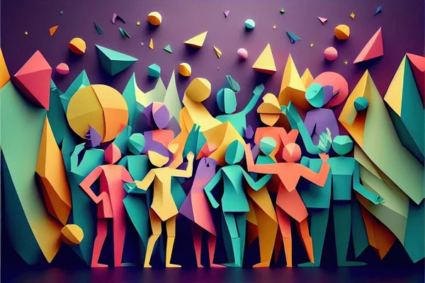 Generative AI illustration of People in New Year\'s Eve party background, men and women celebrating holidays together, partying, cheering and dancing. Paper cut craft, 3d paper illustration style.