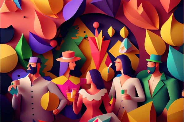 Generative AI illustration of People in New Year\'s Eve party background, men and women celebrating holidays together, partying, cheering and dancing. Paper cut craft, 3d paper illustration style.