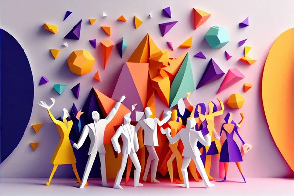 Generative AI illustration of People in New Year's Eve party background, men and women celebrating holidays together, partying, cheering and dancing. Paper cut craft, 3d paper illustration style.