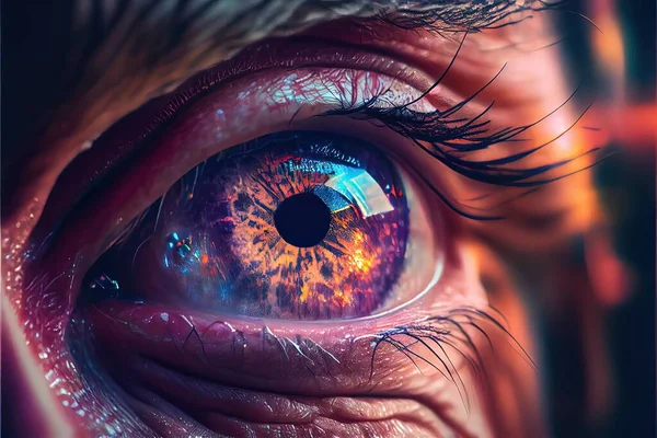 Generative AI illustration of sadness is seen deep inside, mirroring, hyper realistic, colorful, cinematic lighting, close macro photo shot of an eye of old man.