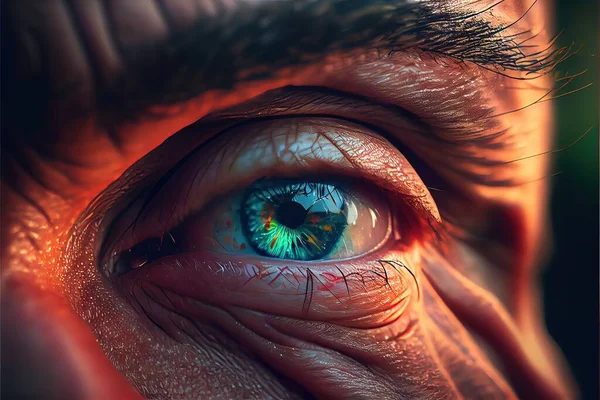 Generative AI illustration of sadness is seen deep inside, mirroring, hyper realistic, colorful, cinematic lighting, close macro photo shot of an eye of old man.