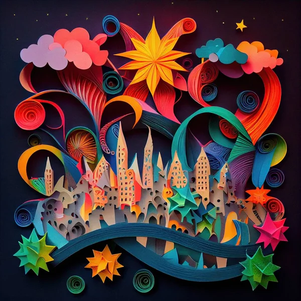 Generative AI illustration of Photo paper cut quilling multidimensional paper cut, craft paper illustration, fireworks and beautiful city in new year eve, national day with colored lights, pop color.