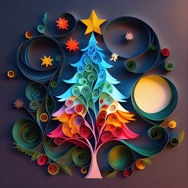 Generative AI illustration of photo paper cut quilling multidimensional paper cut, craft paper illustration, christmas tree and colored lights vine stars, pop color. Neural network generated art.