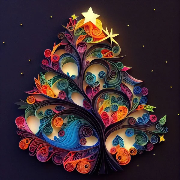 Generative AI illustration of photo paper cut quilling multidimensional paper cut, craft paper illustration, christmas tree and colored lights vine stars, pop color. Neural network generated art.