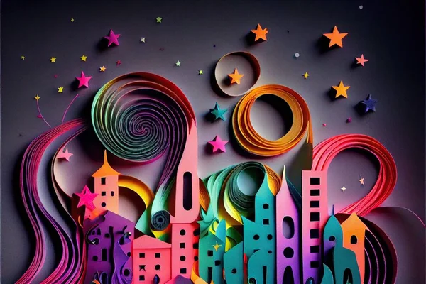 Generative AI illustration of Photo paper cut quilling multidimensional paper cut, craft paper illustration, fireworks and beautiful city in new year eve, national day with colored lights, pop color.