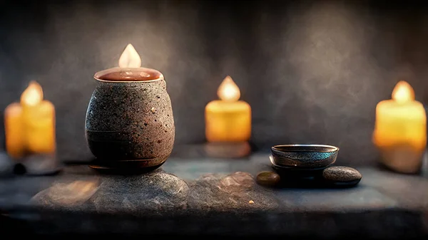 Generative AI illustration of Spa and wellness setting with magic candles. Digital art.