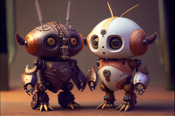 Generative AI illustration of two cute robots stay together on ground, futurism, high tech.