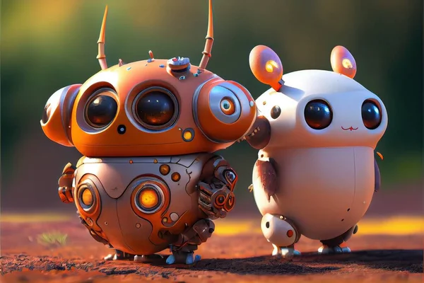 Generative AI illustration of two cute robots stay together on ground, futurism, high tech.