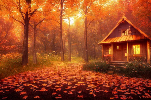 Generative AI illustration of Beautiful autumn forest with wooden house or small red cabin. The forest around it is dressed in autumn colors. Beautiful alley in colorful autumn timely