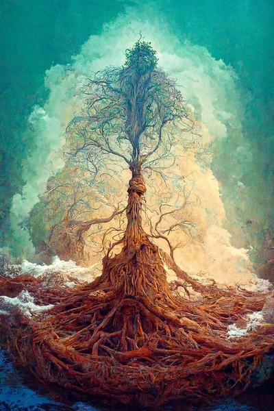 Generative AI illustration of old big green tree with roots, on dry land, tree of earth and life, magic tree.Digital art, nature concept.