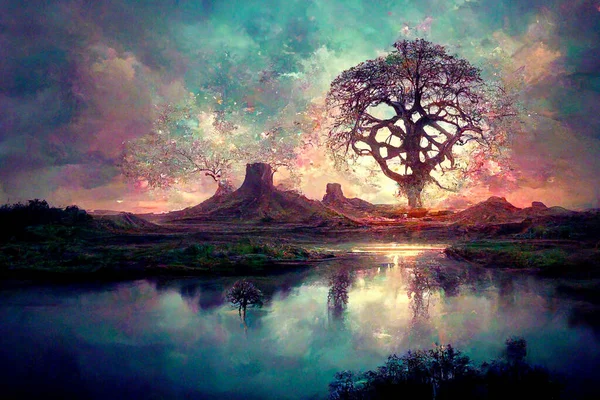 Generative AI illustration of old big green tree with roots, on dry land, tree of earth and life, magic tree.Digital art, nature concept.
