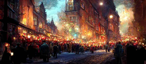 Generative AI illustration of night crowded christmas in european town street, winter abstract landscape. Christmas scene. Banner header. Digital art.