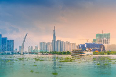 Ho Chi Minh City, Vietnam - 02 Sep, 2022: view of boats and ferry on Saigon river in Ho Chi Minh City, Vietnam during New Year Festival and National Day