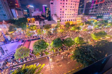 Ho Chi Minh City, Vietnam - 02 Sep, 2022: Vibrant and crowded scene on Nguyen Hue walking street and flower street during Lunar New Year and National Day at downtown of Ho Chi Minh City, Vietnam