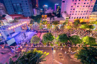 Ho Chi Minh City, Vietnam - 02 Sep, 2022: Vibrant and crowded scene on Nguyen Hue walking street and flower street during Lunar New Year and National Day at downtown of Ho Chi Minh City, Vietnam