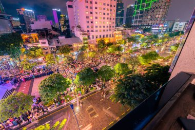 Ho Chi Minh City, Vietnam - 02 Sep, 2022: Vibrant and crowded scene on Nguyen Hue walking street and flower street during Lunar New Year and National Day at downtown of Ho Chi Minh City, Vietnam