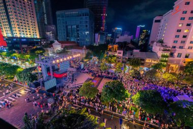 Ho Chi Minh City, Vietnam - 02 Sep, 2022: Vibrant and crowded scene on Nguyen Hue walking street and flower street during Lunar New Year and National Day at downtown of Ho Chi Minh City, Vietnam