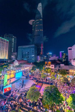 Ho Chi Minh City, Vietnam - 02 Sep, 2022: Vibrant and crowded scene on Nguyen Hue walking street and flower street during Lunar New Year and National Day at downtown of Ho Chi Minh City, Vietnam