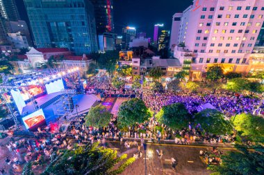 Ho Chi Minh City, Vietnam - 02 Sep, 2022: Vibrant and crowded scene on Nguyen Hue walking street and flower street during Lunar New Year and National Day at downtown of Ho Chi Minh City, Vietnam