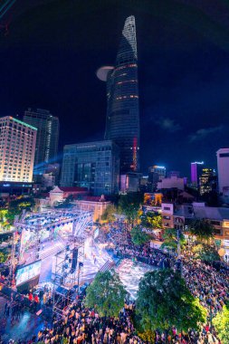 Ho Chi Minh City, Vietnam - 02 Sep, 2022: Vibrant and crowded scene on Nguyen Hue walking street and flower street during Lunar New Year and National Day at downtown of Ho Chi Minh City, Vietnam