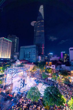Ho Chi Minh City, Vietnam - 02 Sep, 2022: Vibrant and crowded scene on Nguyen Hue walking street and flower street during Lunar New Year and National Day at downtown of Ho Chi Minh City, Vietnam