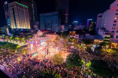 Ho Chi Minh City, Vietnam - 02 Sep, 2022: Vibrant and crowded scene on Nguyen Hue walking street and flower street during Lunar New Year and National Day at downtown of Ho Chi Minh City, Vietnam