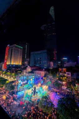 Ho Chi Minh City, Vietnam - 02 Sep, 2022: Vibrant and crowded scene on Nguyen Hue walking street and flower street during Lunar New Year and National Day at downtown of Ho Chi Minh City, Vietnam