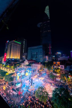 Ho Chi Minh City, Vietnam - 02 Sep, 2022: Vibrant and crowded scene on Nguyen Hue walking street and flower street during Lunar New Year and National Day at downtown of Ho Chi Minh City, Vietnam