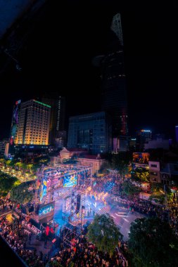 Ho Chi Minh City, Vietnam - 02 Sep, 2022: Vibrant and crowded scene on Nguyen Hue walking street and flower street during Lunar New Year and National Day at downtown of Ho Chi Minh City, Vietnam