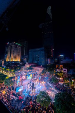 Ho Chi Minh City, Vietnam - 02 Sep, 2022: Vibrant and crowded scene on Nguyen Hue walking street and flower street during Lunar New Year and National Day at downtown of Ho Chi Minh City, Vietnam