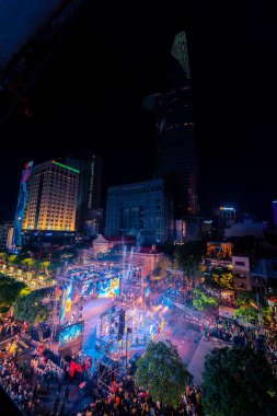 Ho Chi Minh City, Vietnam - 02 Sep, 2022: Vibrant and crowded scene on Nguyen Hue walking street and flower street during Lunar New Year and National Day at downtown of Ho Chi Minh City, Vietnam