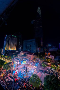 Ho Chi Minh City, Vietnam - 02 Sep, 2022: Vibrant and crowded scene on Nguyen Hue walking street and flower street during Lunar New Year and National Day at downtown of Ho Chi Minh City, Vietnam